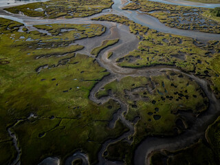 Aerial view of serene wetlands and winding river in expansive marshland, Gloucester, Massachusetts, United States.