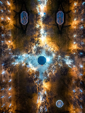Aerial view of zrinjevac park illuminated by festive lights during christmas market, zagreb, croatia.