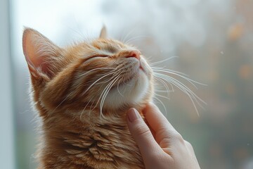 A smiling woman's hand lovingly caressing a ginger cat against a white backdrop