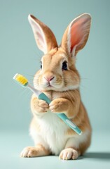 Obraz premium Cute brown bunny holding toothbrush promoting dental hygiene