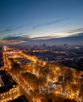 Aerial view of Zrinjevac park illuminated with festive lights during the christmas market, Zagreb, Croatia.