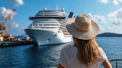 A woman with long hair in a sunhat joyfully waves at a massive cruise ship docked in a picturesque harbor under blue skies