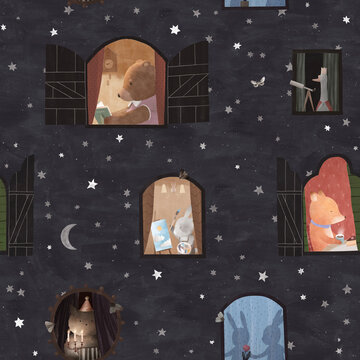 Evening, starry sky, windows with shutters, animals going about their business. Watercolor illustration. Cute seamless pattern.