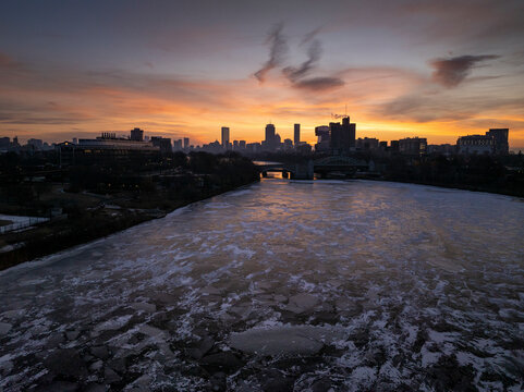 Aerial view of beautiful cityscape with Charles River and iconic Prudential and John Hancock buildings at sunset, Boston, United States.
