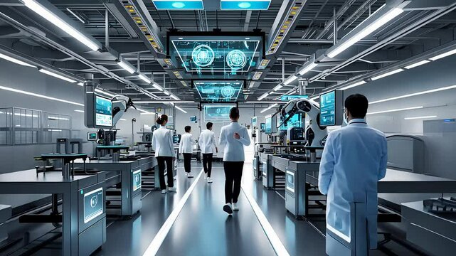 Team of Scientists in White Lab Coats Working in High-Tech Laboratory with Digital Displays and Advanced Equipment

