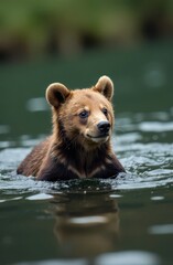 Fototapeta premium Brown bear cub swimming in lake, wildlife photography
