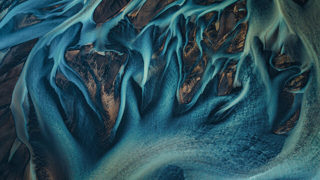 Aerial view of beautiful braided rivers in a scenic landscape, Kirkjubaejarklaustur, Iceland.