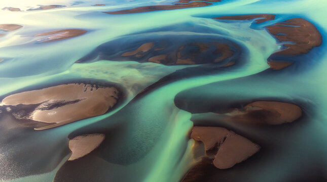 Aerial view of beautiful braided rivers in a scenic landscape, Selfoss, Iceland.