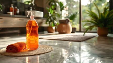 A large tile cleaner bottle with a secure, child-safe cap, placed on a clean tiled bathroom floor.