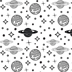 Black and white seamless pattern with planets, stars and constellations