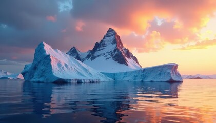 Majestic iceberg with icy peaks and snow-covered surface amidst calm sea at sunset, peaceful, majestic, sea