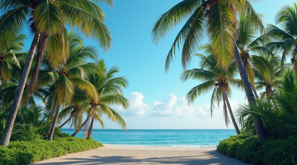 Obraz premium Tropical roadway with palm trees and blue ocean view.
