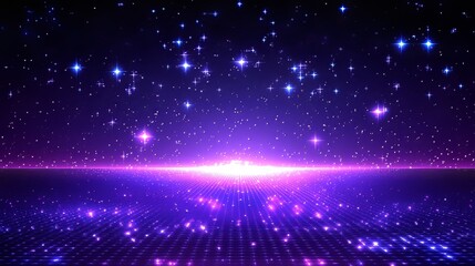 Fototapeta premium A futuristic room with a purple space particle design, set against a neon graphic backdrop, complete with a dynamic 3D energy element and a tech-focused stock wallpaper