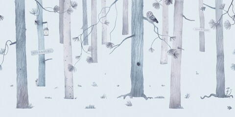 Cute watercolor illustration. Abstract night forest. Wildlife. Forest view. Vintage style. Blue colors. Wallpaper design.