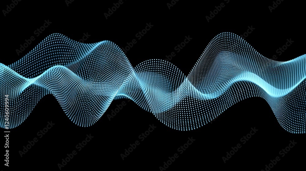 Poster neon color motion waving dots texture with glowing defocused particles, creating a cyber and technol