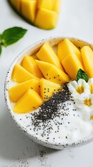 A yogurt bowl features fresh mango slices arranged artfully over creamy yogurt, accented with chia seeds and garnished with mint and flowers, creating a cheerful dish. Healthy food