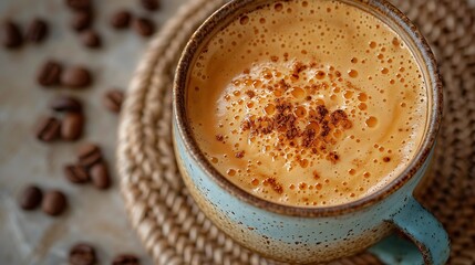 A rustic coffee cup with creamy froth placed on a soft beige background, with subtle lighting creating a natural and calming vibe