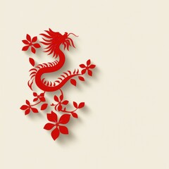 Red Chinese Dragon with Floral Decorations in Paper Cut Style Artwork