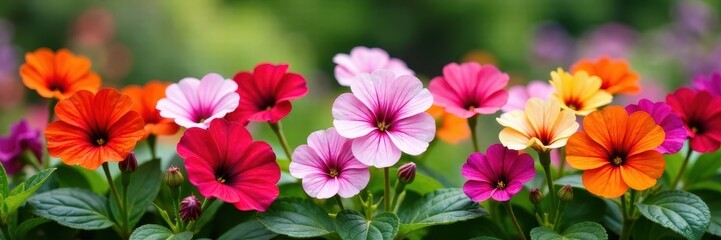 Fototapeta premium Multicolored petunias in a garden scene on a colorful postcard, postcard, flowers