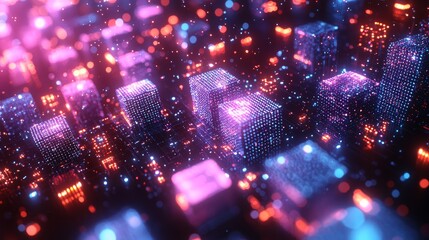 Purple square background. Design features bright squares with backlit colors in animation, each highlighted in various shades