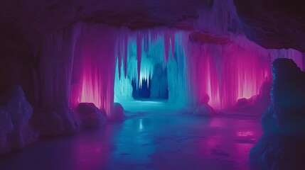 Ice cave, neon glow, winter, lake