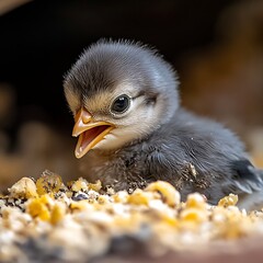 Newborn Chick Pecking Ground Soft Blur Farm Scene Photo