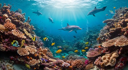 Fototapeta premium A vibrant coral reef teeming with life, featuring colorful fish, seahorses, and playful dolphins.