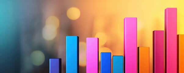 A colorful bar graph displays varying data heights against a blurred gradient background, suggesting analysis and trends.