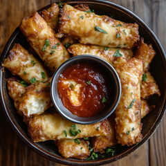 Crispy Mozzarella Sticks with Melted Cheese and Marinara Sauce
