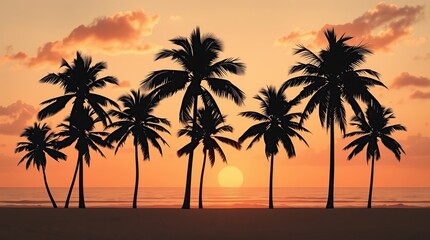 Naklejka premium Silhouette palms trees with slender trunks and delicate fronds standing tall against a warm sunset sky with soft, feathery clouds, set upon a serene tropical beach.