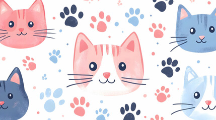 Cute Cats Paws Pattern: Lovely Kitty Faces