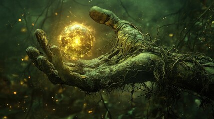 The Ancient Hand of Nature's Power: A Mystical Orb of Energy Held Within a Forest's Embrace