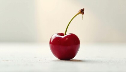 Close-up of a single, vibrant red cherry