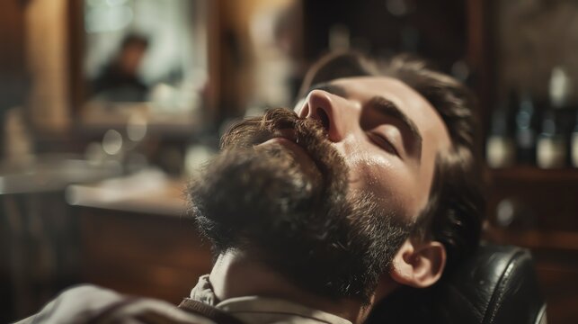 Bearded man getting pampered at a barber shop.