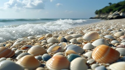 Close up of a sandy beach covered with various sea shells