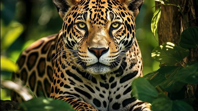 Majestic jaguar resting amidst lush greenery in a tropical rainforest during the golden hour of dawn