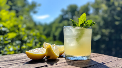 Fototapeta premium A frosty glass of lemon lemonade with lemon wedges and a sprig of mint, placed on a wooden table with a background of lush greenery and a bright blue sky.