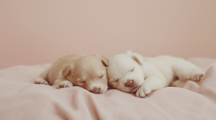 Fototapeta premium ベッドで寄り添い眠る二匹の白い子犬たち | ピンクモノトーン