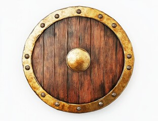 Fototapeta premium Wooden shield, gold rim, isolated, studio, defense