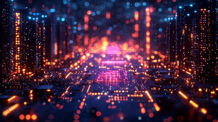 Obraz premium Computer electronic chip featuring a processor, transistors, resistors, and microchips. Abstract high-tech background
