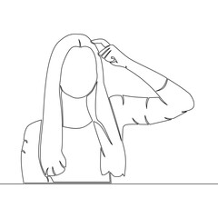 Continuous one single line drawing Pensive Young Woman thinks while scratching her head icon vector illustration concept