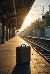 A lonely suitcase sits on a bench at an empty train station platform, bathed in warm, golden sunlight. Perfect for themes of travel, departure, and nostalgia.