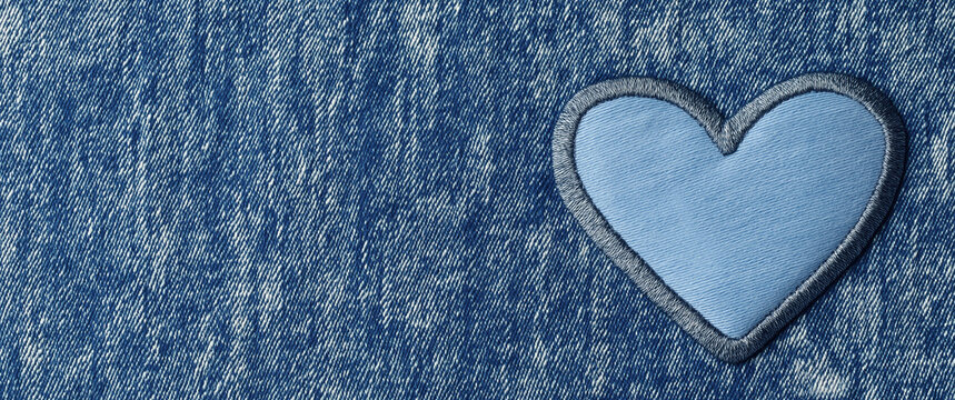 A photo of a heart-shaped denim patch on blue fabric, representing a love for jeans and fashion. Set against an isolated background, this web banner includes copy space on the right side. - Powered by Adobe