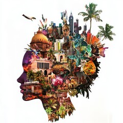 Artistic Collage of Nature and Urban Life Forming a Silhouette of a Human Head