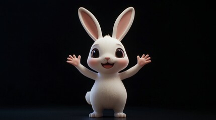 Cute Cartoon Rabbit Character with Hands Raised and Happy Expression