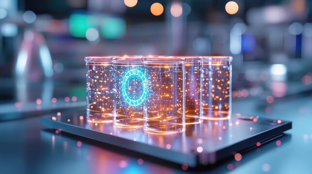 Battery replacement electronics concept. Battery recycling process, glowing hologram overlay, eco-tech facility