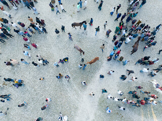 Aerial view of a vibrant community gathering with people and horses in a bustling public space, Ghatail, Bangladesh.