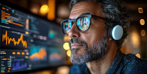 Professional man analyzes financial data on a computer screen while wearing headphones in a modern office environment