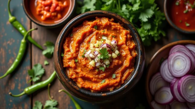 Vibrant morich bhorta with fresh ingredients and colorful toppings