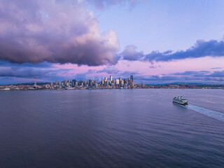 Aerial view of the beautiful seattle skyline and calm waters of Elliot Bay at dusk, Seattle, United States.